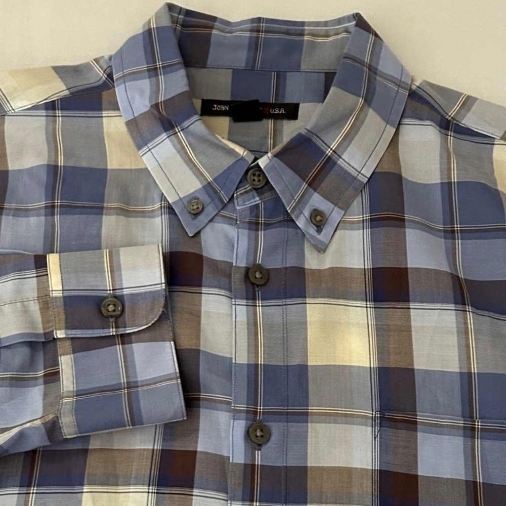 John Varvatos Button Down Shirt Mens L Blue Plaid Cotton Lightweight Long Sleeve
